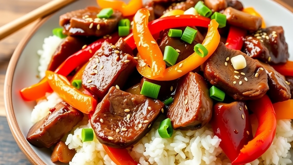 Savory Beef Teriyaki Stir-Fry Recipe A vibrant plate of Beef Teriyaki stir-fry with bell peppers and onions over rice.